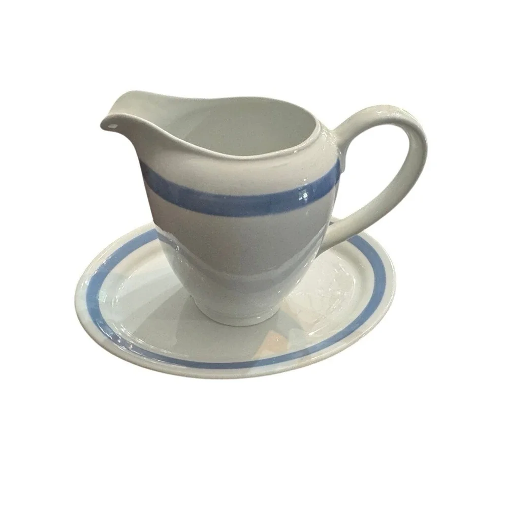 Arabia Finland Blue Band Stoneware Pitcher and Oval Underplate Set White MCM